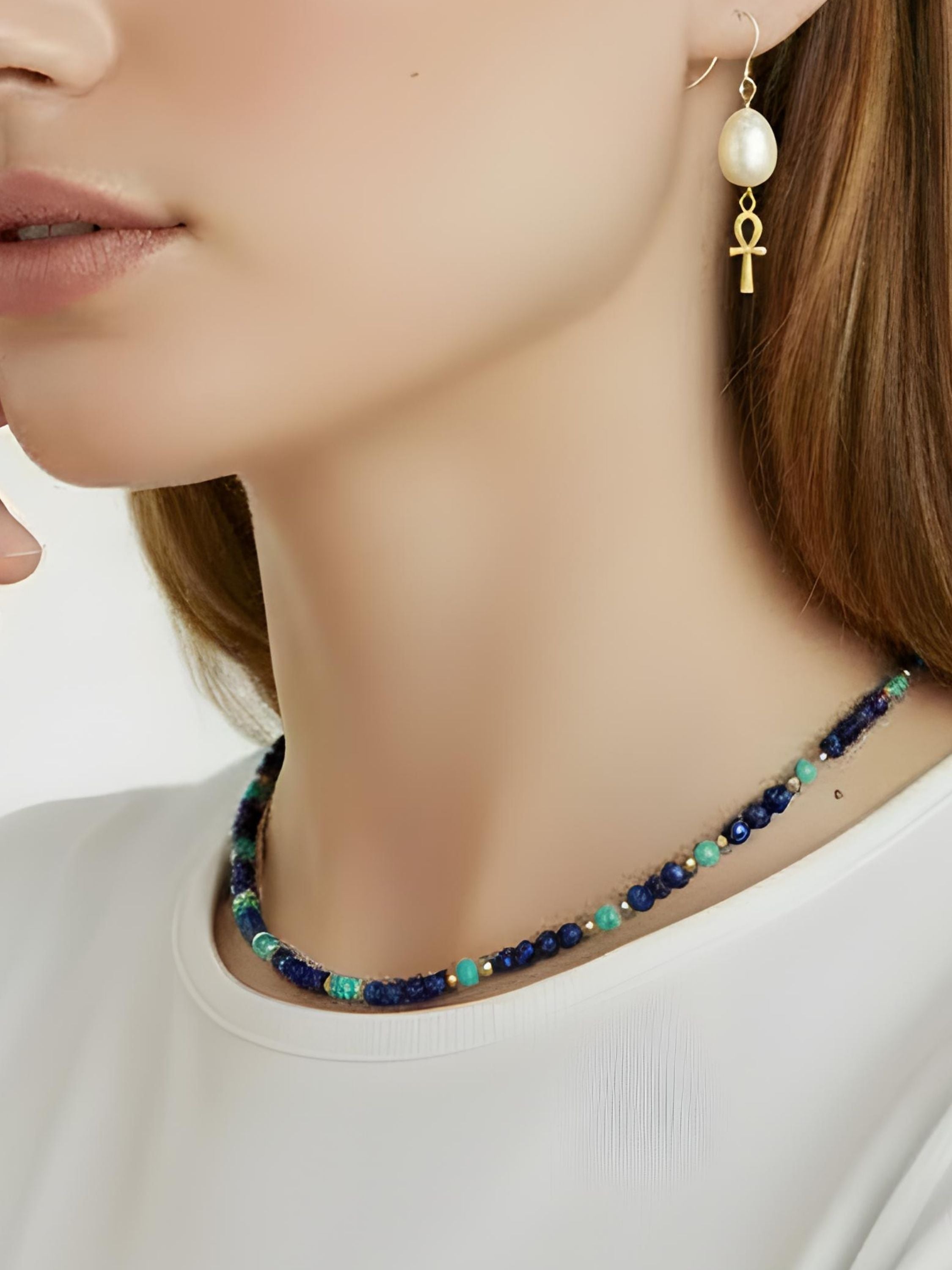 Bijou Blue – Bracciale/Collana Polivalente Bijou in Lapislazzuli, Turchese e Oro Laminato 14k