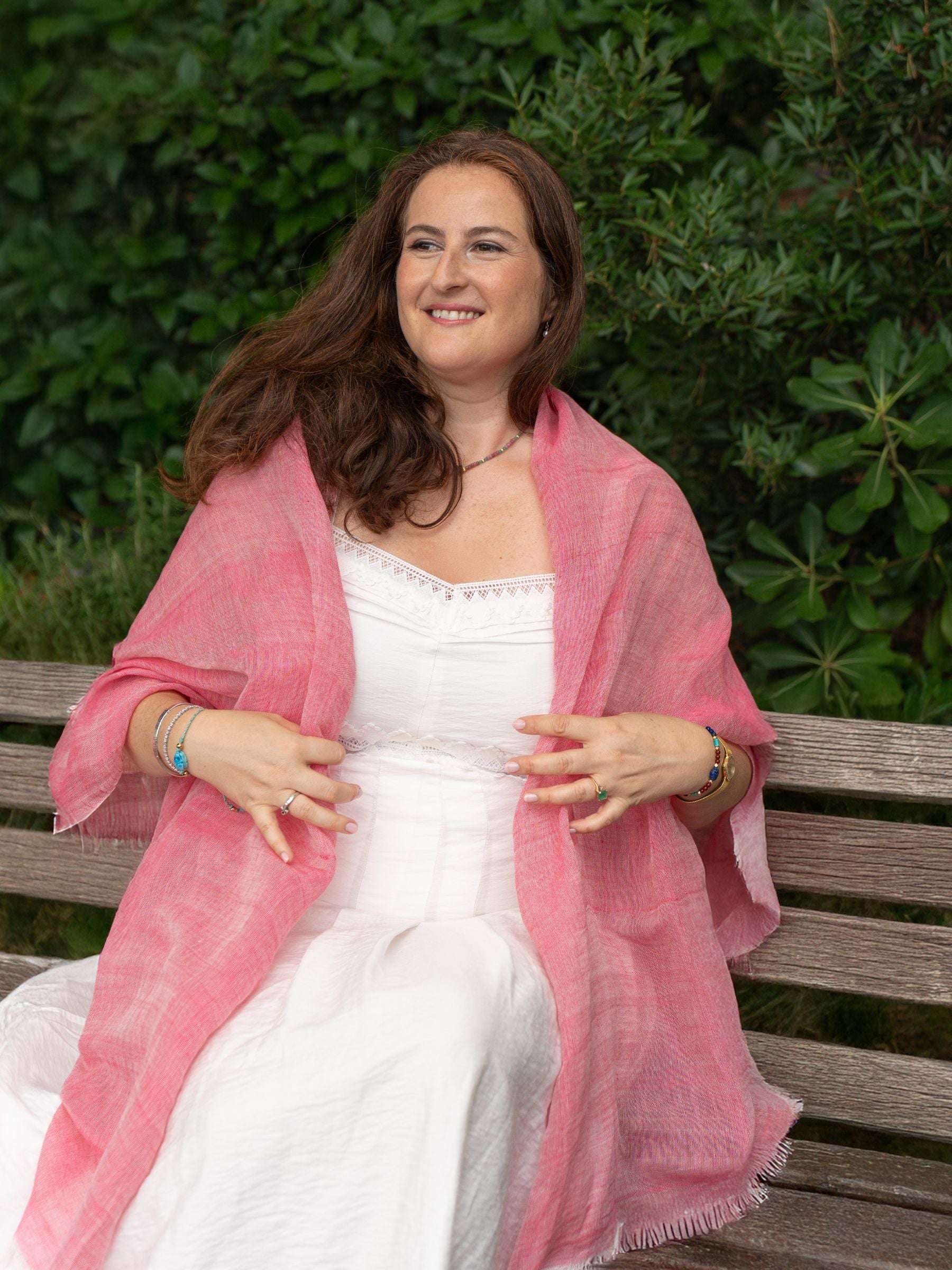 Bright rose scarf, handwoven artisanally in Egypt from linen and cotton