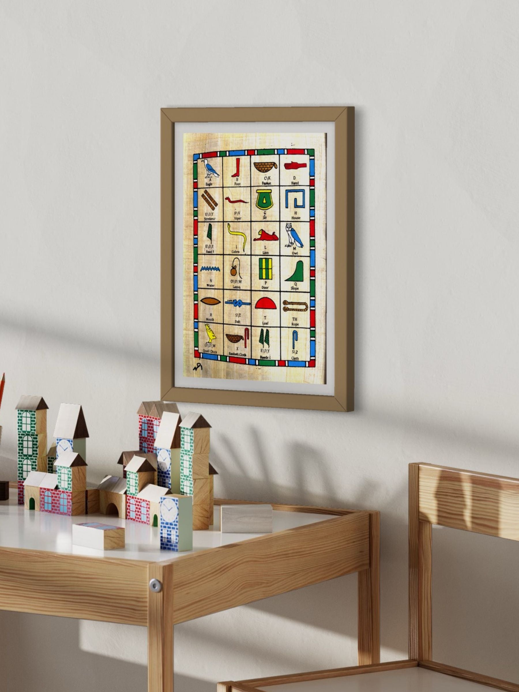 Papiro egipcio - Tabla alfabética de jeroglíficos (20 x 30 cm)