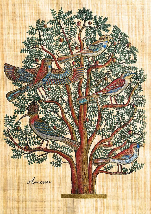 Papyrus arbre de vie égyptien artisanal avec oiseaux symboliques inspiré de l’Égypte antique