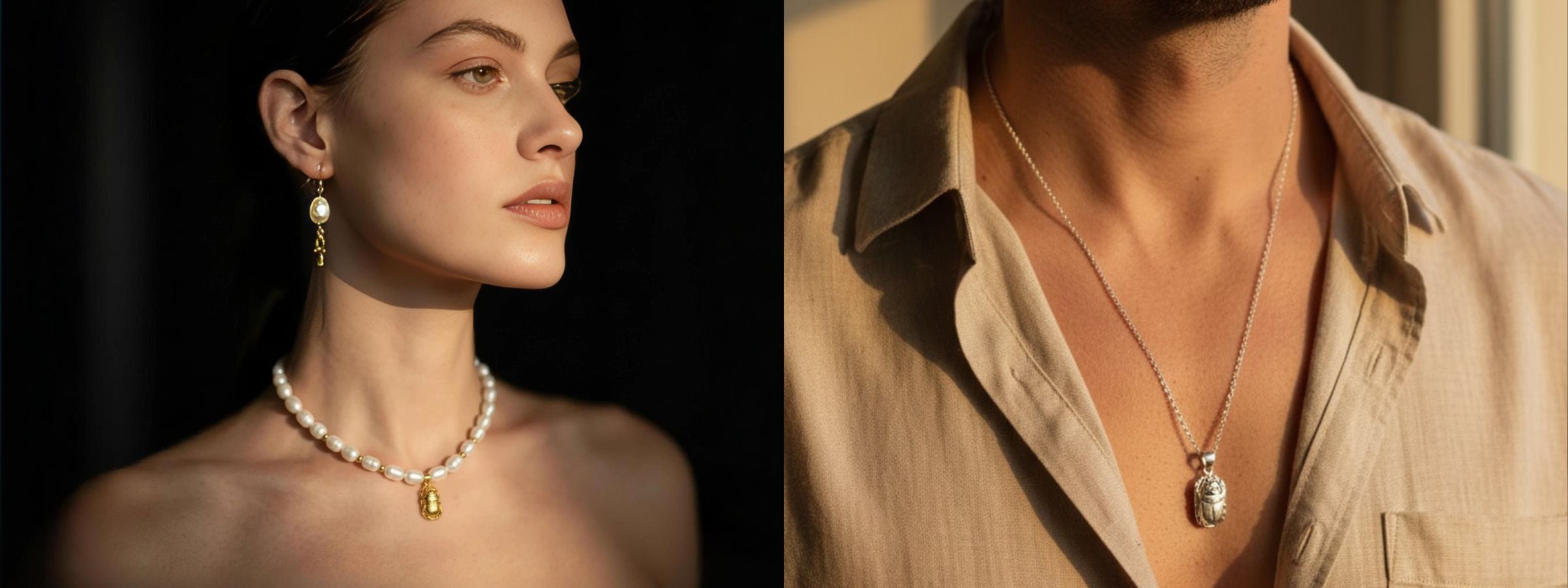 femme et homme portant des châles et bijoux talismans inspirés de l'artisanat égyptien Nilazur