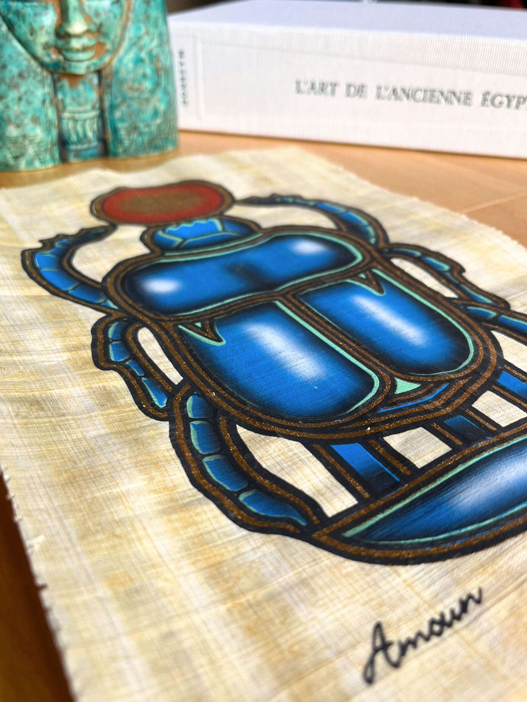 Papyrus égyptien Scarabée bleu (20x30cm)