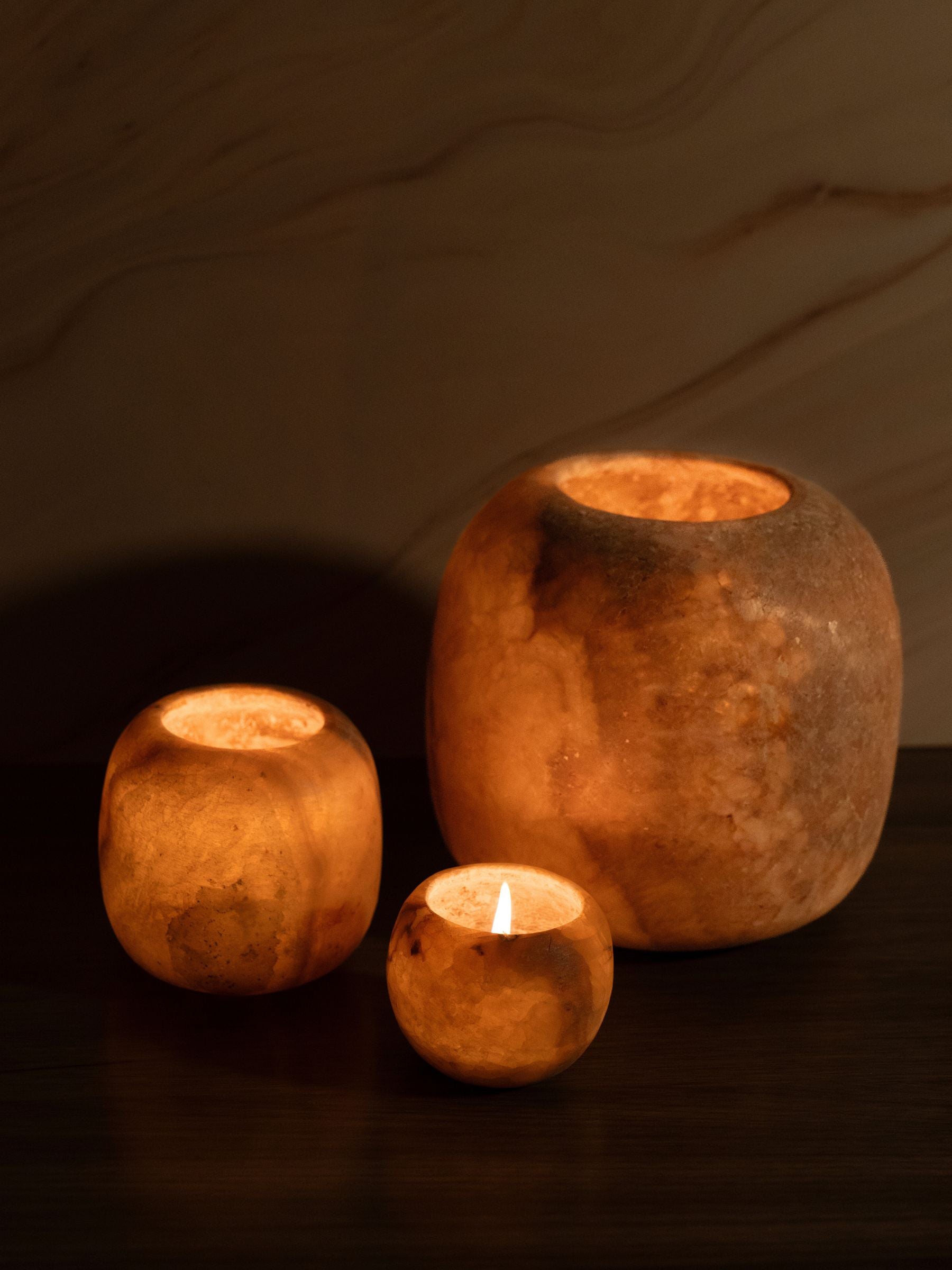 Assortiment de 3 photophores en alâtre brun