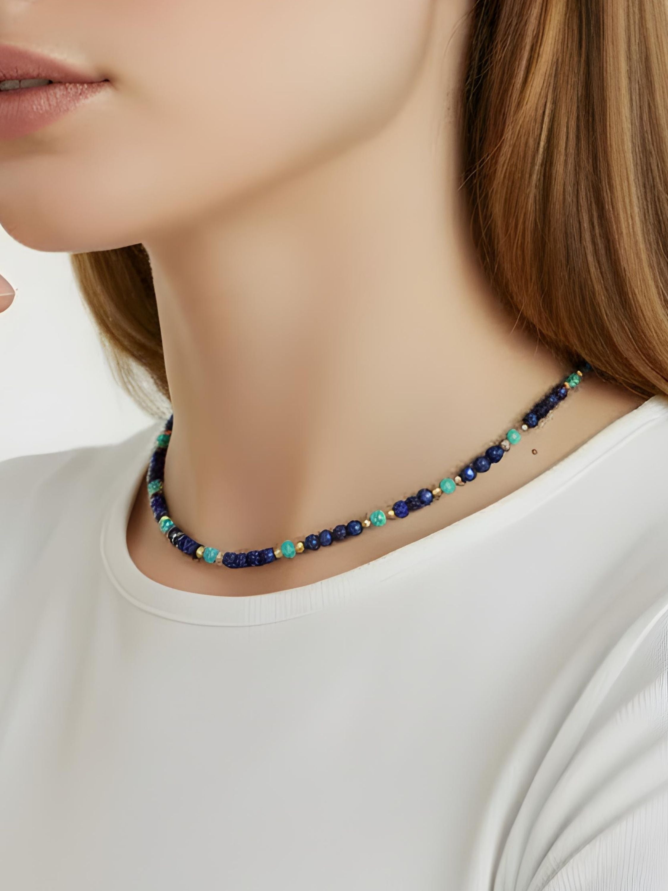 Bijou Blue – Bijou Polyvalent bracelet/Colier en Lapis, Turquoise et Or Laminé 14k