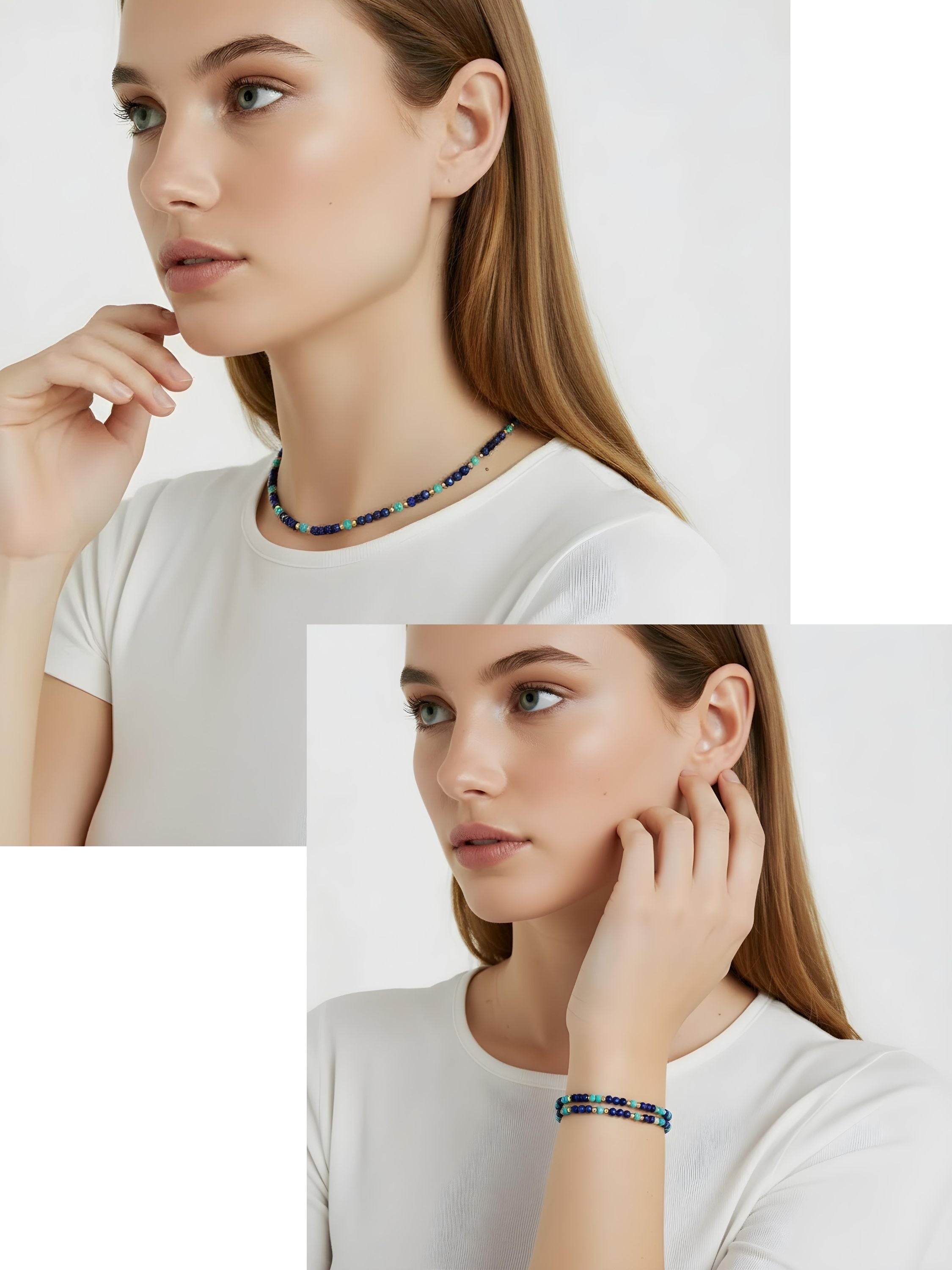 Bijou Blue – Bijou Polyvalent bracelet/Colier en Lapis, Turquoise et Or Laminé 14k