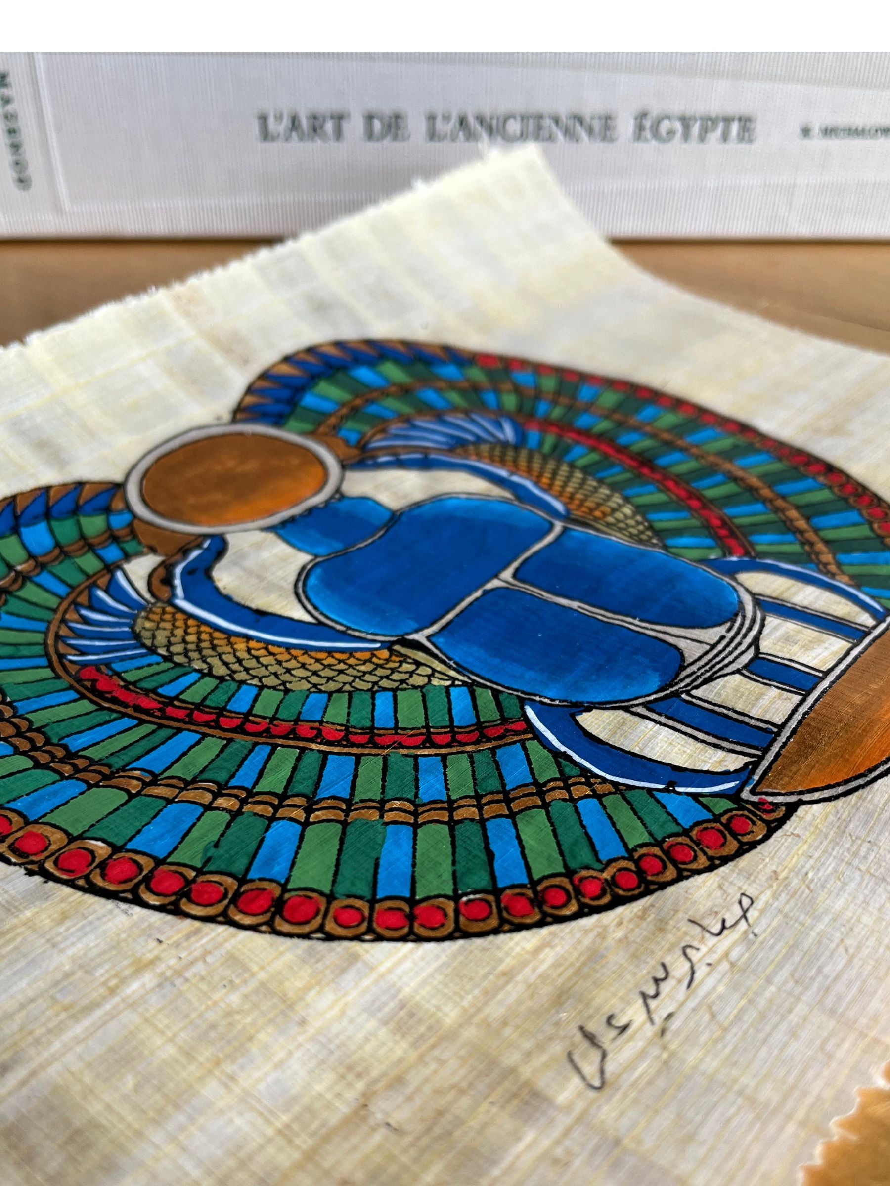 Papyrus_scarabee_egyptien aux belle couleurs bleu et  vert